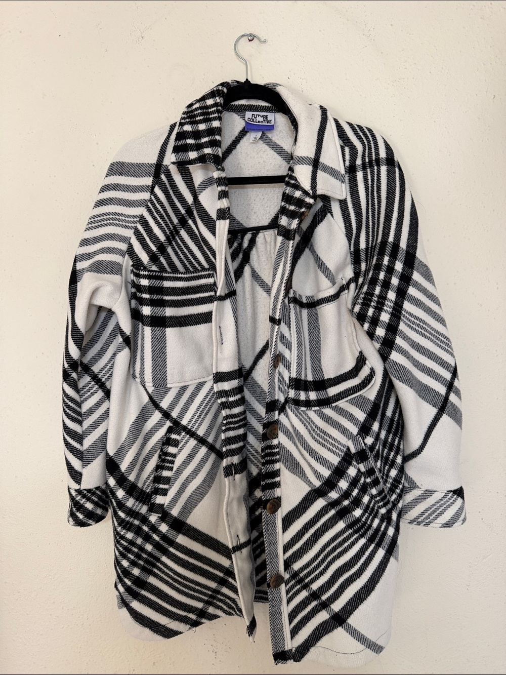 Plaid Button-Front Utility Shacket in Black & White